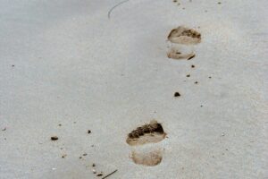 Deep footprints in beach sand, symbolizing the structural and fascial patterns that develop in the body.